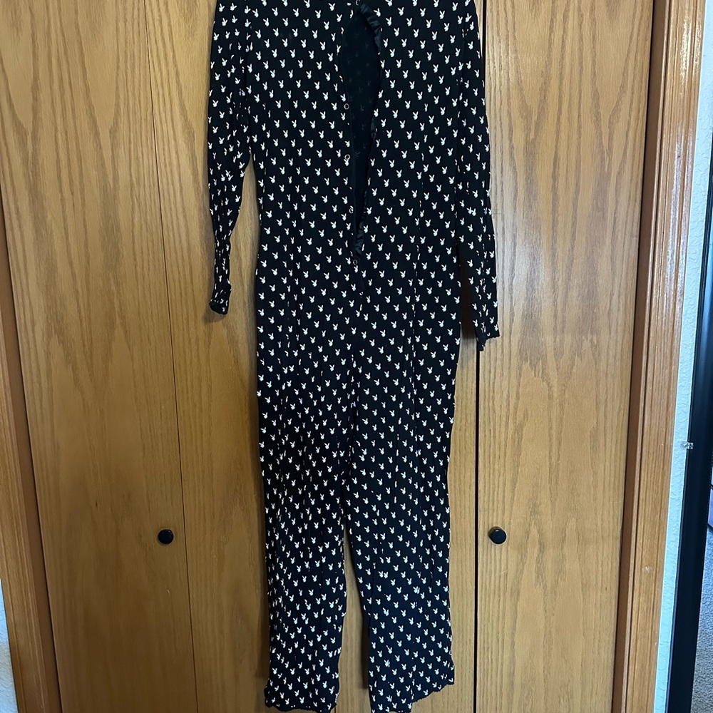 Black and White Playboy Intimates PJ Onesie with Butt Flap Large